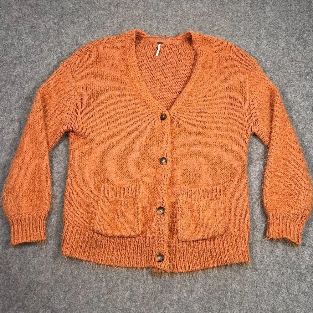 Free People Orange Knit Nevermind Fuzzy Soft Cardigan Sweater Women's Size Small